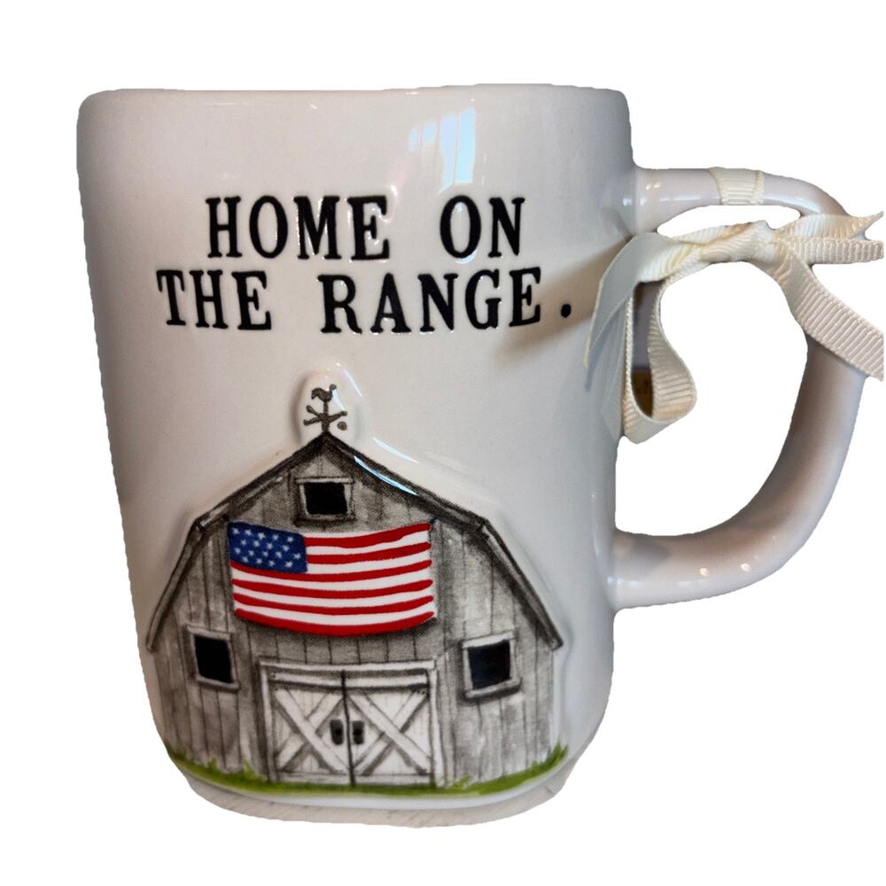 Rae Dunn "Home on the Range" Coffee Mug Barn American Flag 4th of July Patriotic